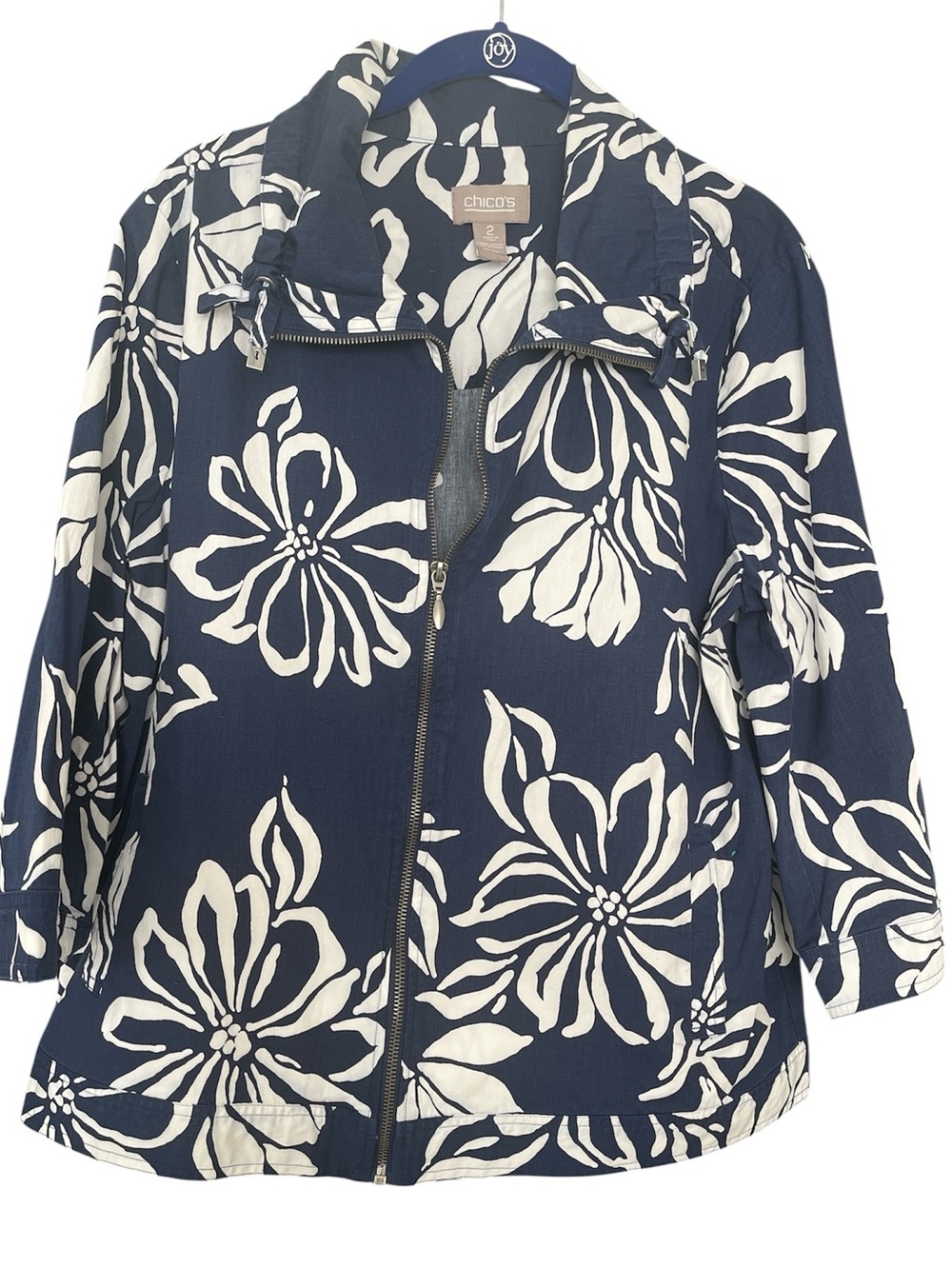 Chico's Navy and White Floral Zip Jacket